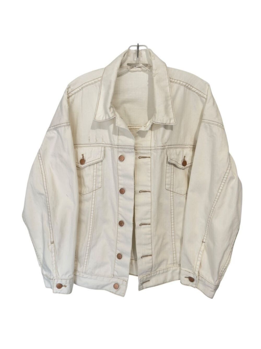 Free People Worn White Denim Trucker Boyfriend Fit Distressed Jacket M/L - Picture 2 of 12